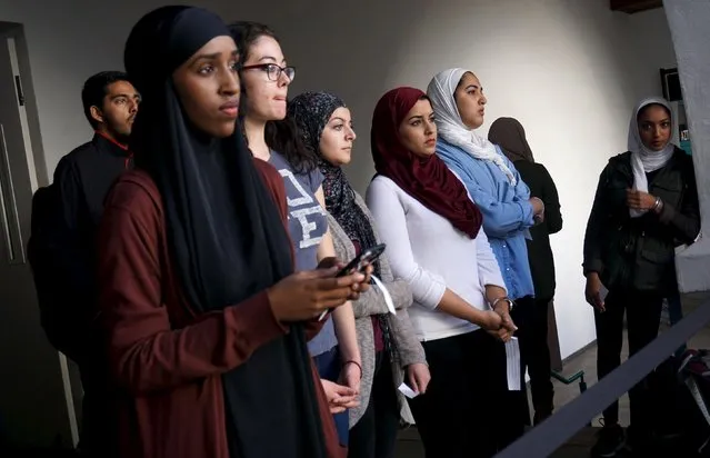 Students listen to speakers at a rally against Islamophobia at San Diego State University in San Diego, California, November 23, 2015. (Photo by Sandy Huffaker/Reuters)