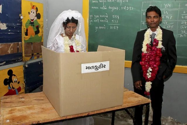 Christina Christian (L), a newly married bride, casts her ballot as her husband Kinjan Tailor stands inside a polling booth during the Gujarat state elections, in Ahmedabad December 17, 2012. (Photo by Amit Dave/Reuters)