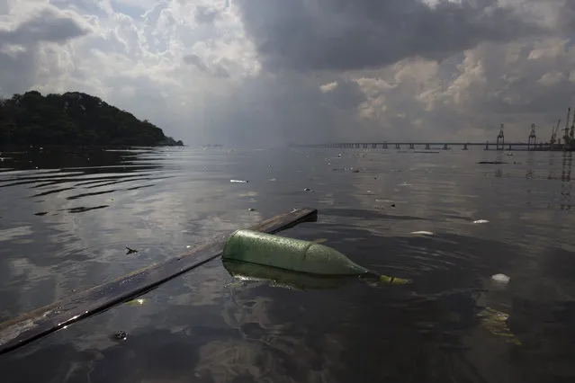 In this February 28, 2015 photo, a bottle and a wood slat floats with other trash in Guanabara Bay in Rio de Janeiro, Brazil. Rio state authorities say they're working to make good on a pledge made in Rio's Olympic bid to cut the bay's pollution by 80 percent. The bay will host Olympic sailing events in 2016. (Photo by Leo Correa/AP Photo)