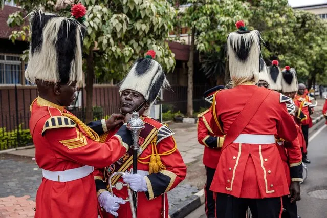 Members of the Kenyan Presidential Band get ready to welcome Kenyan President William Ruto before delivering the State of Nation address at the Kenyan Parliament Buildings in Nairobi on November 9, 2023. Kenyan President William Ruto delivered on November 9, 2023 his first-ever State of Nation address since taking over power in September last year and comes at a time when Kenyans are outraged by the skyrocketing cost of living and historical tax hikes. (Photo by Luis Tato/AFP Photo)