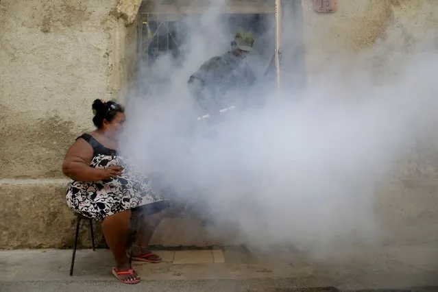 A woman smokes while a Cuban military reservist fumigates inside a home as part of the preventive measures against the Zika virus and other mosquito-borne diseases in Havana on the outskirts of Cuba, March 16, 2016. (Photo by Ueslei Marcelino/Reuters)