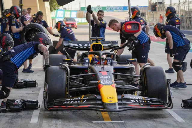 Red Bull driver Max Verstappen of the Netherlands gets a pit service during a Formula One pre season test at the Bahrain International Circuit in Sakhir, Bahrain, Friday, February 23, 2024. (Photo by Darko Bandic/AP Photo)