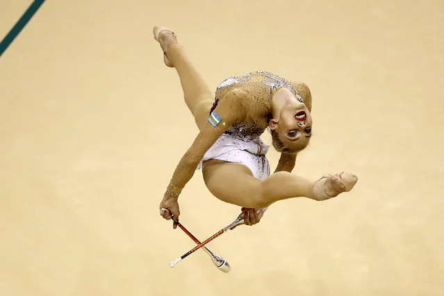 Uzbekistan's Elizaveta Nazarenkova participates in the Individual All-Around Qualification round of the Rhythmic Gymnastics test event at the Olympic Arena, in Rio de Janeiro, Brazil, 21 April 2016. (Photo by Marcelo Sayao/EPA)
