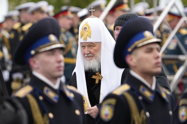 Russian Orthodox Patriarch Kirill, center, arrives to attend the Victory Day military parade in Moscow, Russia, Thursday, May 9, 2024, marking the 79th anniversary of the end of World War II. (Photo by Alexander Zemlianichenko/AP Photo)