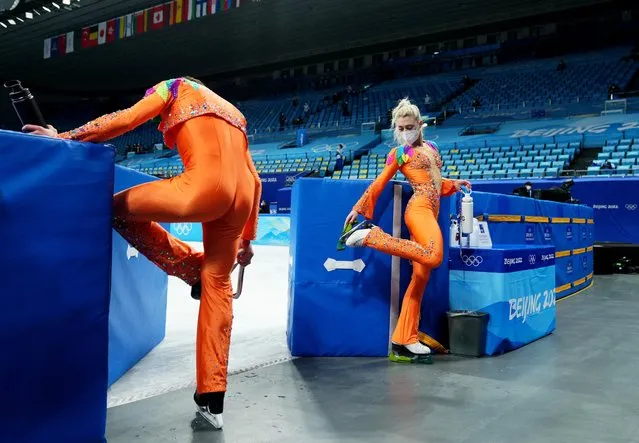 Paul Poirier of Canada and Marjorie Lajoie of Canada after training before the Figure Skating Ice Dance – Rhythm Dance at Capital Indoor Stadium in Beijing, China on February 12, 2022. (Photo by Aleksandra Szmigiel/Reuters)