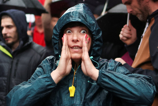 A person gestures during a protest “Serbia against violence” in reaction to the two mass shootings in the same week, that have shaken the country, in Belgrade, Serbia on May 27, 2023. (Photo by Marko Djurica/Reuters)