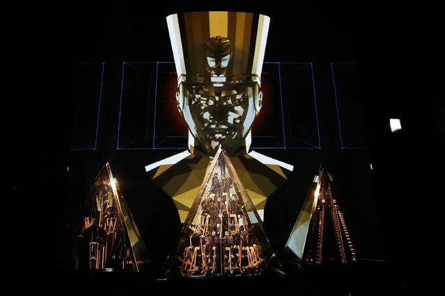 "Pyramidi", will.i.am's first artwork in a gallery space, a sound and video installation featuring a new track, seen on display at the Barbican's Digital Revolution exhibition on July 2, 2014 in London, England. The exhibition brings together artists, designers, film makers, musicians and architects who push the boundaries of creativity that digitial technology can offer, and runs from July 3 until September 14, 2014.  (Photo by Matthew Lloyd/Getty Images for Barbican Art Gallery)