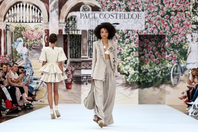 Models present creations by Irish designer Paul Costelloe during a catwalk presentation for his Spring/Summer 2024 collection, during London Fashion Week in London, on September 15, 2023. (Photo by Henry Nicholls/AFP Photo)