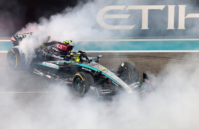 Mercedes driver Lewis Hamilton does donuts at the Yas Marina Circut in the Abu Dhabi Grand Prix on December 6, 2024. (Photo by Chris Whiteoak/The National)