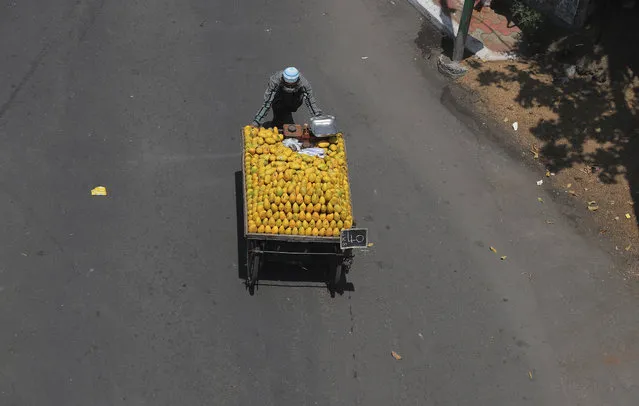 An Indian mango vendor pushes his cart during lockdown to prevent the spread of new coronavirus in Hyderabad, India, Sunday, April 26, 2020. A month long restrictions in this country of 1.3 billion people have been eased somewhat by allowing neighborhood shops to reopen and manufacturing and farming activities to resume in rural areas to help millions of poor daily wage earners. (Photo by Mahesh Kumar A./AP Photo)