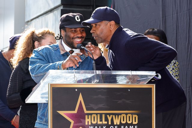 (L-R) Malcolm Washington and Denzel Washington speak onstage as Pulitzer-Winning Playwright August Wilson is posthumously honored with a star on The Hollywood Walk of Fame on January 07, 2025 in Hollywood, California. (Photo by Kevin Winter/Getty Images)