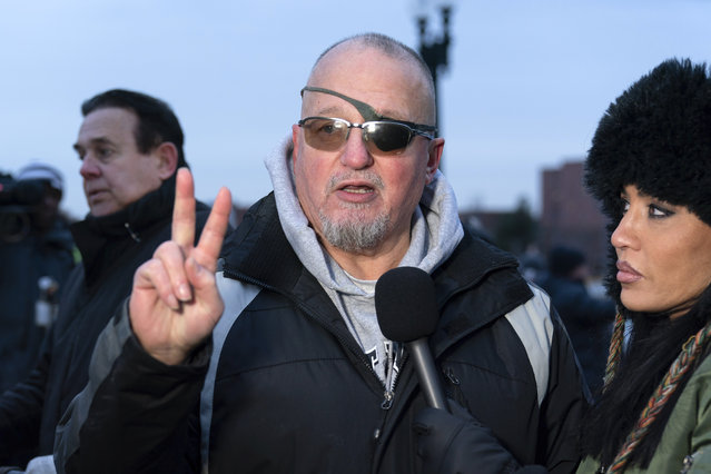 President Donald Trump supporter Oath Keepers founder Stewart Rhodes convicted on charges relating to the Jan. 6 riot at the U.S. Capitol, talks to reporters outside the DC Central Detention Facility, after being released from a jail in Maryland, in Washington, Tuesday, January 21, 2025. (Photo by Jose Luis Magana/AP Photo)