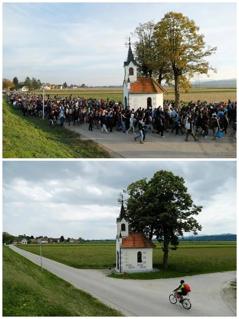A combination picture shows migrants walking from Dobova towards a transit camp in Brezice, Slovenia October 21, 2015 (top) and the same location May 23, 2016. (Photo by Antonio Bronic/Reuters)