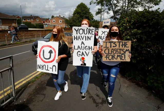 A-level students march to protest about their exam results at the constituency offices of Education Secretary Gavin Williamson, amid the spread of the coronavirus disease (COVID-19), in South Staffordshire, Britain, August 17, 2020. (Photo by Jason Cairnduff/Reuters)