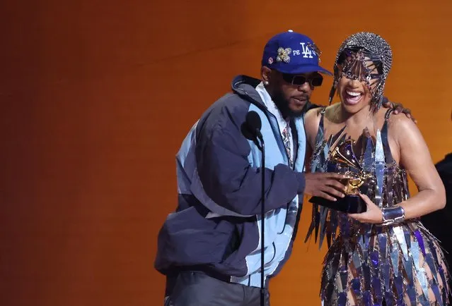 Kendrick Lamar accepts the award for Best Rap Album for “Mr. Morale & The Big Steppers” from presenter Cardi B during the 65th Annual Grammy Awards in Los Angeles, California, U.S., February 5, 2023. (Photo by Mario Anzuoni/Reuters)
