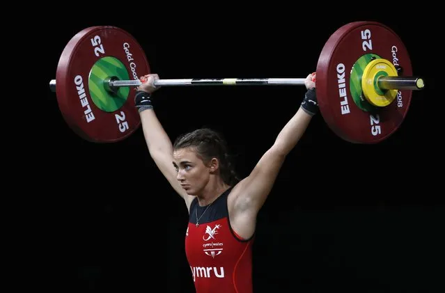 Holly Knowles of Wales competes during the Women's 63kg Weightlifting Final on day three of the Gold Coast 2018 Commonwealth Games at Carrara Sports and Leisure Centre on April 7, 2018 on the Gold Coast, Australia. (Photo by Paul Childs/Reuters)