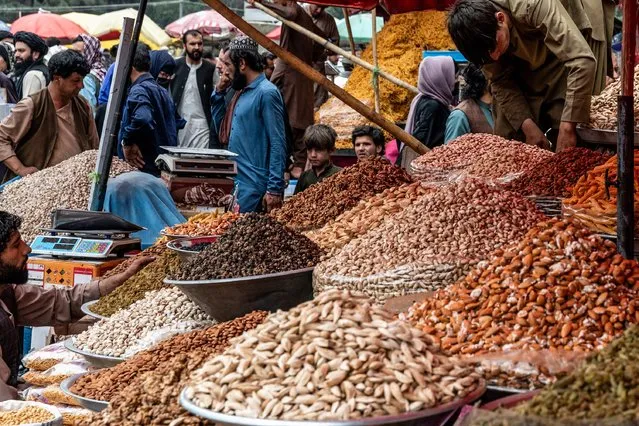 Afghan people buy dry fruits at a market ahead of Muslim festival of Eid al-Adha in Kabul on June 27, 2023. (Photo by Wakil Kohsar/AFP Photo)