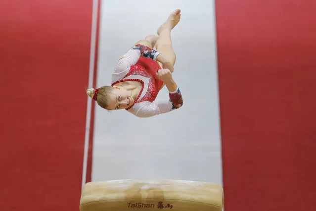 Russia's Liliia Akhaimova performs on the vault during qualifying sessions for the Gymnastics World Chamionships at the Aspire Dome in Doha, Qatar, Sunday, October 28, 2018. (Photo by Vadim Ghirda/AP Photo)