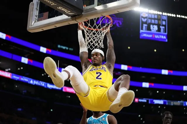 Jarred Vanderbilt #2 of the Los Angeles Lakers reacts after a dunk during the second half of a game against the Charlotte Hornets at Crypto.com Arena on December 28, 2023 in Los Angeles, California. (Photo by Sean M. Haffey/Getty Images)