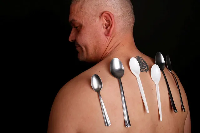 Nermin Halilagic, 38, poses with kitchen utensils in Bihac, Bosnia and Herzegovina, January 23, 2017. (Photo by Dado Ruvic/Reuters)