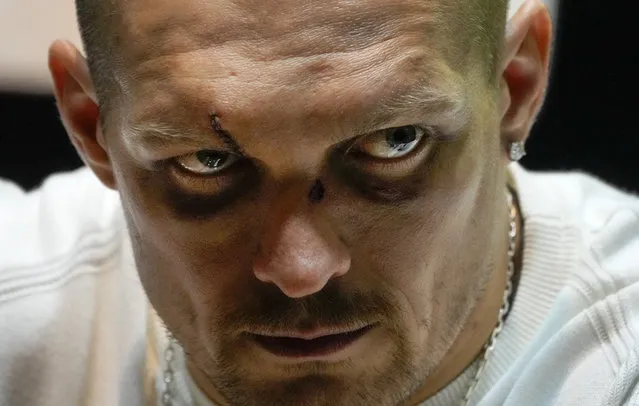 World heavyweight boxing champion Oleksandr Usyk attends a news conference in Kyiv, Ukraine, Tuesday, September 28, 2021. Usyk became the world heavyweight champion after just three fights in the division by beating Anthony Joshua on Saturday. (Photo by Efrem Lukatsky/AP Photo)