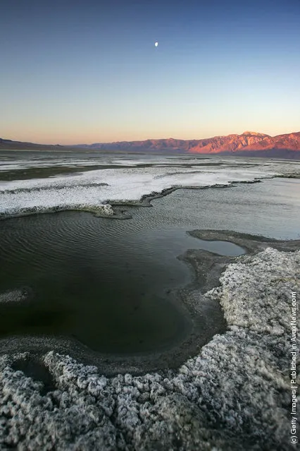 Large shallow pools of restored water cover portions the salty crust of mostly-dry Owens Lake