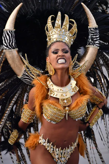 A dancer of the Nene de Vila Matilde samba school performs during the second night of carnival parade at the Sambadrome in Sao Paulo, Brazil early on February 26, 2017. (Photo by Nelson Almeida/AFP Photo)