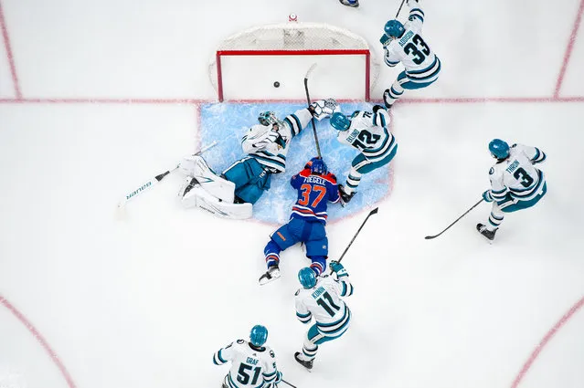 Warren Foegele #37 of the Edmonton Oilers scores a second-period goal against goaltender Devin Cooley #1 of the San Jose Sharks at Rogers Place on April 15, 2024, in Edmonton, Alberta, Canada. (Photo by Leila Devlin/Getty Images)
