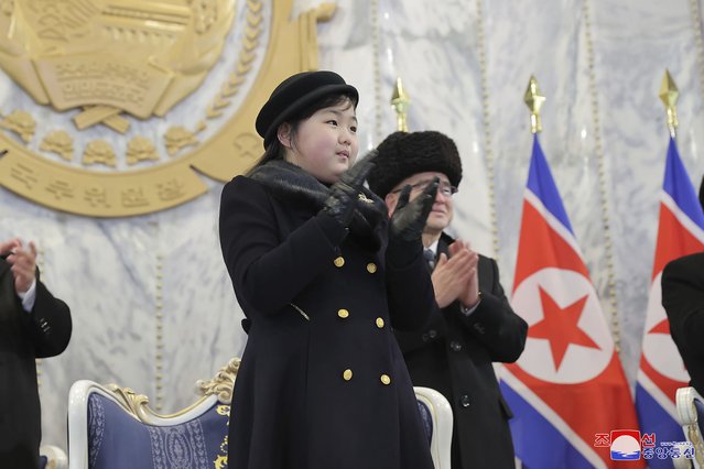  In this photo provided by the North Korean government, the daughter, reportedly named Kim Ju Ae, of North Korean leader Kim Jong Un, attends a military parade to mark the 75th founding anniversary of the Korean People's Army on Kim Il Sung Square in Pyongyang, North Korea on February 8, 2023. Independent journalists were not given access to cover the event depicted in this image distributed by the North Korean government. The content of this image is as provided and cannot be independently verified. Korean language watermark on image as provided by source reads: “KCNA” which is the abbreviation for Korean Central News Agency. (Photo by Korean Central News Agency/Korea News Service via AP Photo)