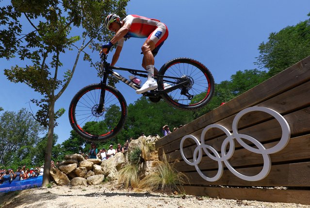 Jordan Sarrou of France in the Cross-country cycling during Paris 2024 Olympic Games at Elancourt Hill on July 29, 2024 in Elancourt, France. (Photo by Matthew Childs/Reuters)