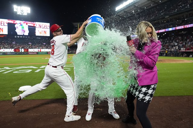 Los Angeles Angels' Mickey Moniak, center, is doused after hitting a walk-off home run during the ninth inning of a baseball game against the Seattle Mariners in Anaheim, Calif., Saturday, August 31, 2024. The Angels won 5-4. (Photo by Ashley Landis/AP Photo)