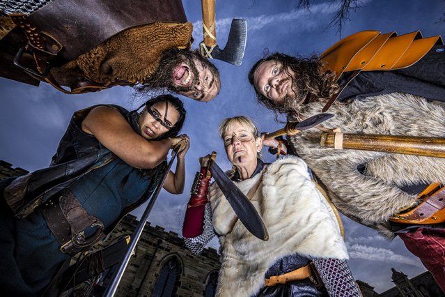 Members of the cast of Beowulf by Proper Job Theatre pose in costume ahead of their Viking procession through the streets of Kirklees, West Yorkshire in the first decade of November 2023, as part of Kirklees Year of Music 2023. (Photo by James Glossop/The Times)