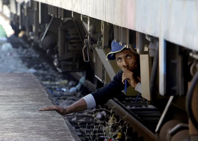 A migrant, hiding under a train, tries to sneak on a train towards Serbia, at the railway station in the southern Macedonian town of Gevgelija, on Monday, August 17, 2015. Over 1,000 migrants from Middle East, Asia and Africa, enter Macedonia daily from Greece, heading north through the Balkans on their way to the more prosperous European Union countries. The migrants' urgency to reach Europe has become more pronounced as they race to reach Hungary before the Hungarian government finishes building a razor-wire fence. (Photo by Boris Grdanoski/AP Photo)