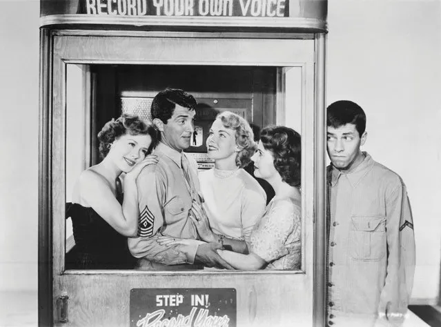 American comedy actors Dean Martin (1917 – 1995, left) and Jerry Lewis in a publicity still for the musical comedy “At War With The Army”, directed by Hal Walker, 1950. The film also features supporting actress Polly Bergen. (Photo by Paramount Pictures/Archive Photos/Hulton Archive/Getty Images)