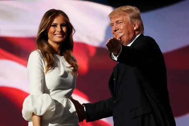 Presumptive Republican presidential nominee Donald Trump introduces his wife Melania on the first day of the Republican National Convention on July 18, 2016 at the Quicken Loans Arena in Cleveland, Ohio. An estimated 50,000 people are expected in Cleveland, including hundreds of protesters and members of the media. The four-day Republican National Convention kicks off on July 18. (Photo by Joe Raedle/Getty Images)