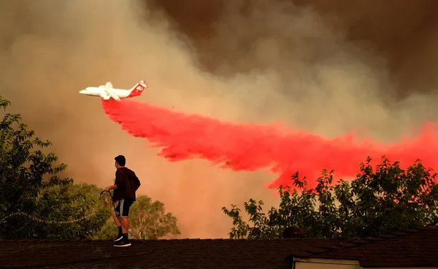 A.J. Moberg, 15, waters down the roof of his family's house as the Sand fire approaches in Santa Clarita, Calif., on Saturday, July 23, 2016. (Photo by Wally Skalij/Los Angeles Times/TNS)