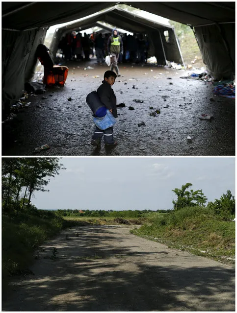 A combination picture shows a migrant child walking towards the border crossing with Croatia near the village of Berkasovo, Serbia, October 12, 2015 (top) and the same location May 27, 2016. (Photo by Antonio Bronic/Reuters)