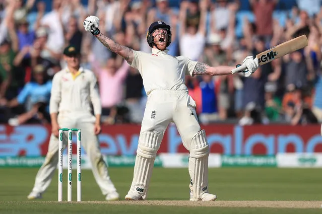 Joy: gold. Ben Stokes reacts after hitting England’s winning runs against Australia in the fourth Ashes Test at Headingley. (Photo by Mike Egerton)