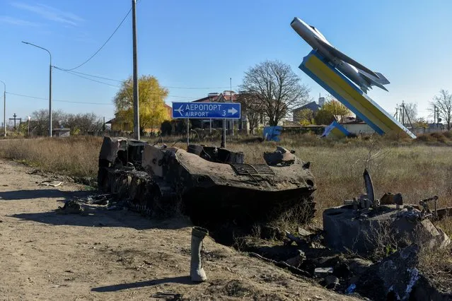 A destroyed Russian BMD -2 APC near the Chornobaivka airfield near Kherson, Ukraine, 15 November 2022. After visiting the city on 14 November, Ukrainian President Volodymyr Zelensky said in an address later the same day, that all critical infrastructure in the city of Kherson was destroyed while under Russian occupation. Ukrainian troops entered Kherson on 11 November after the Russian troops had withdrawn from the city. Kherson was captured in the early stage of the conflict, shortly after Russian troops had entered Ukraine in February 2022. (Photo by Oleg Petrasyuk/EPA/EFE)