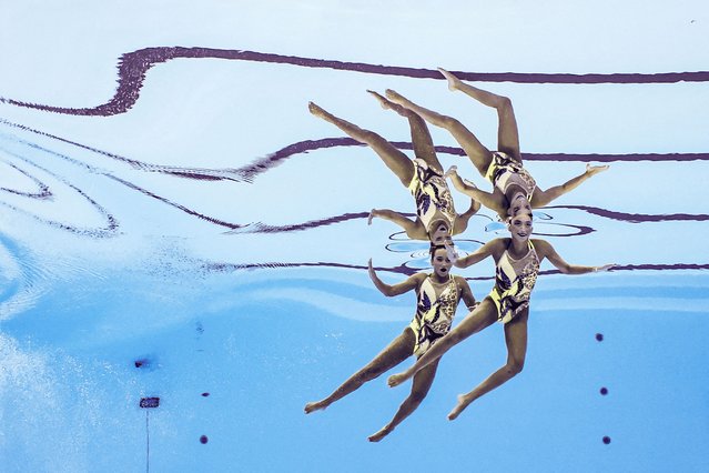 Colombia's Melisa Ceballos Correa And Estefania Roa Bernal perform during the women's duet free finals at the World Aquatics Championships, Doha, Qatar on February 8, 2024. (Photo by Marko Djurica/Reuters)