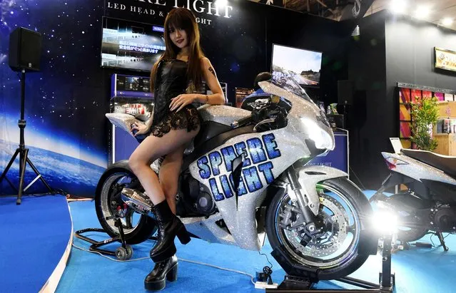 A Honda CBR 1000 RR motorcycle with Swarovski crystals is seen on display at the LED headlight maker Spherelight booth of the Tokyo Auto Salon at the Makuhari Messe in Chiba on January 12, 2018. (Photo by Toshifumi Kitamura/AFP Photo)