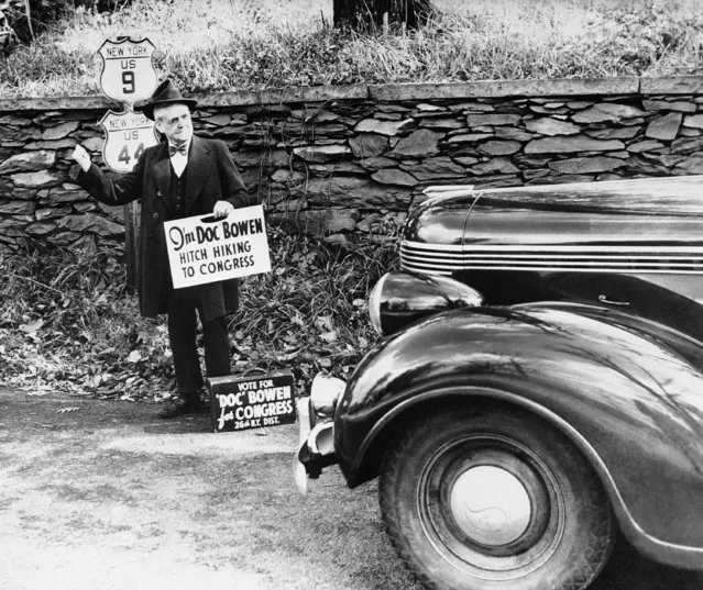 Edward J. “Doc” Bowen, Independent candidate for Congress, is seen as he started a hitchhiking campaign from Poughkeepsie, N.Y., on October 21, 1938, which he hopes will carry him to a seat in the national legislature. He is running from the 26th, New York State, district. (Photo by AP Photo)