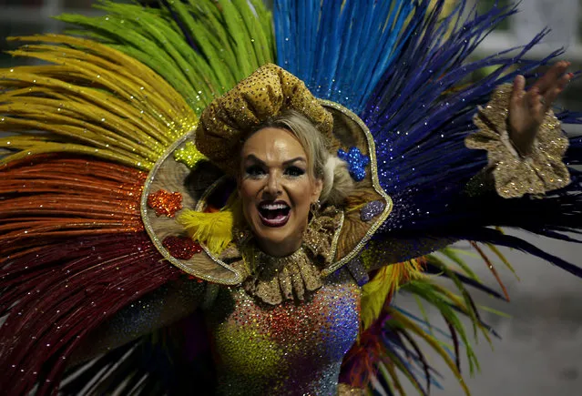 A reveller from the Tom Maior Samba School takes part in a carnival celebration at Anhembi Sambadrome in Sao PauloFebruary 10, 2018. (Photo by Paulo Whitaker/Reuters)