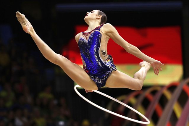 Germany's Anastasia Simakova competes with the hoop during the individual apparatus final at the 41st FIG Rhythmic Gymnastics World Championships at Carioca Arena, in Rio de Janeiro, Sunday, August 24, 2025. (Photo by Bruna Prado/AP Photo)