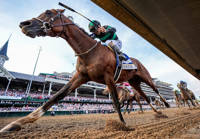 Mystik Dan, with Brian Hernandez Jr, up, wins the 150 Running of The Kentucky Derby at Churchill Downs in Louisville, KY on May 4, 2024. (Photo by Michael Clevenger and O'Neil Arnold/USA TODAY Sports)
