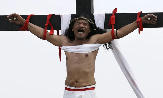 Ruben Enaje grimaces after gets nailed to the cross for the 32nd year in a row during a reenactment of Jesus Christ's sufferings as part of Good Friday rituals in the village of San Pedro Cutud, Pampanga province, northern Philippines March 30, 2018. Thousands of Filipino Roman Catholic devotees and tourists descended Friday on a farming village north of Manila to witness the crucifixion of several men in a reenactment of Jesus Christ's sufferings, a gory annual tradition church leaders frown upon. (Photo by Aaron Favila/AP Photo)