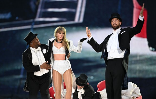 American singer-songwriter Taylor Swift is joined on stage by American football tight end Travis Kelce (R), during “Taylor Swift | The Eras Tour” at Wembley Stadium on June 22, 2024 in London, England. (Photo by Gareth Cattermole/TAS24/Getty Images for TAS Rights Management)