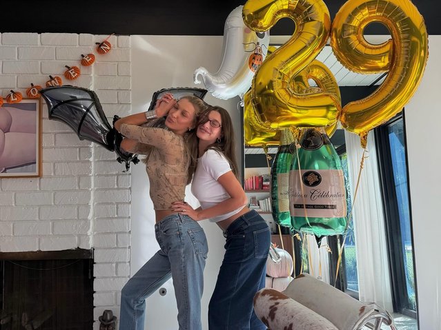American model and socialite Hailey Bieber (R) celebrates Bella Hadid’s birthday on November 2, 2025. (Photo by bellahadid/Instagram)