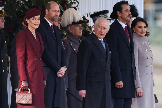 Britain's King Charles, William, Prince of Wales and Catherine, Princess of Wales stand with Qatari Emir Sheikh Tamim bin Hamad al-Thani and his wife Sheikha Jawaher bint Hamad bin Suhaim Al-Thani, during a ceremonial welcome for the Qatari Emir and his wife, at the Horse Guards Parade, in London, Britain on December 3, 2024. (Photo by Toby Melville/Reuters)