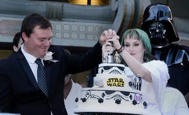 Darth Vader (R) looks on as Andrew Porters (L) and Caroline Ritter (C), both of Australia, use a light sabre to cut the cake after getting married in a Star Wars-themed wedding in the forecourt of the TCL Chinese Theatre IMAX in Hollywood, California, USA, 17 December 2015. The couple are members of a group of fans that camp out prior to Star Wars film premieres in order to raise money for The Starlight Children's  Foundation. (Photo by Paul Buck/EPA)